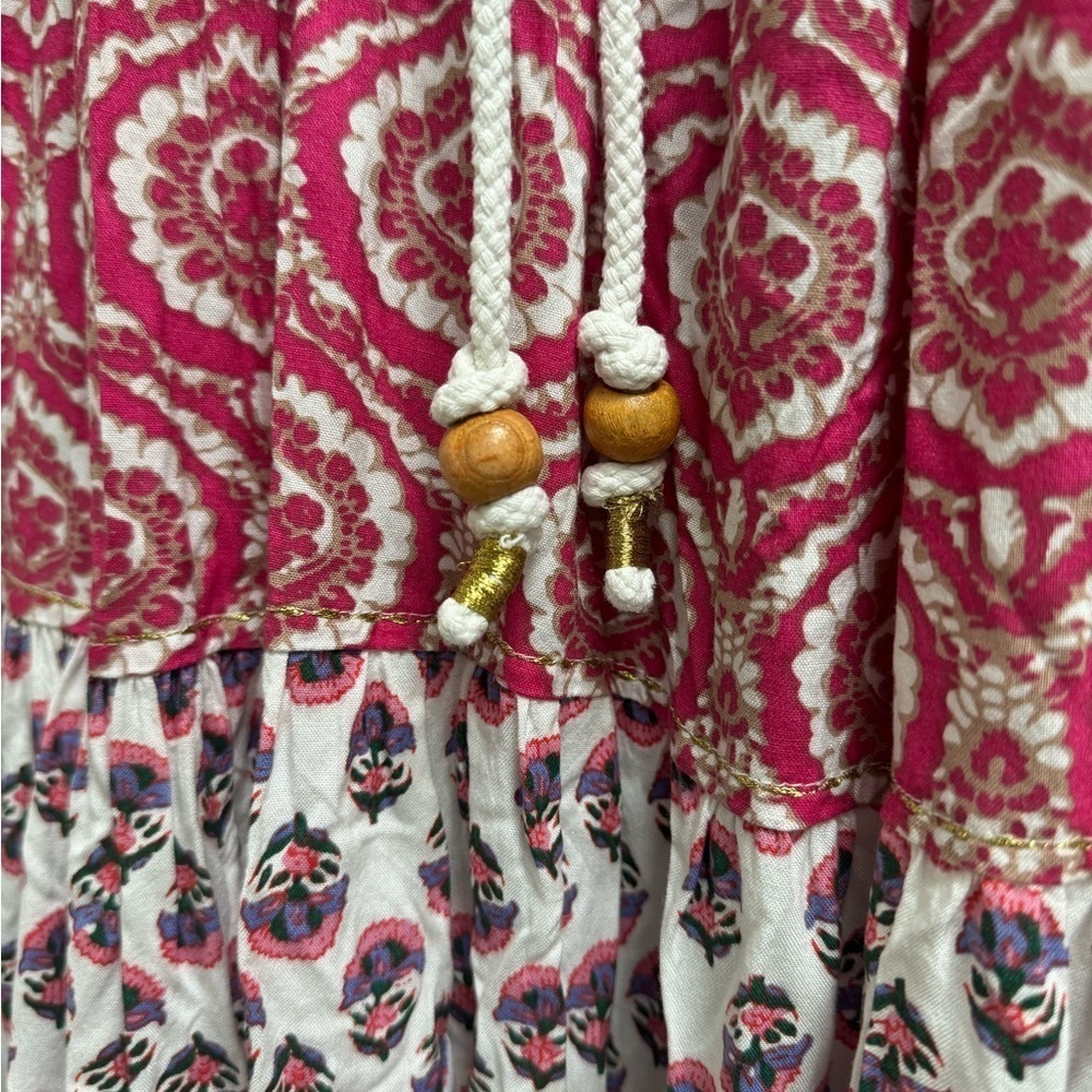 CHELSEA & THEODORE Floral Paisley Split Neck Red Pink Tiered Maxi Dress Size XS - Picture 7 of 9